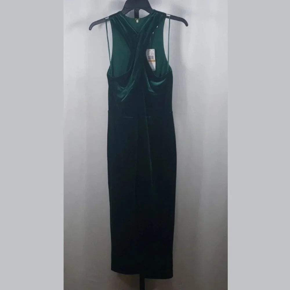 Michael Kors Green Stretch Velvet‎ Sleeveless Twist Neck Midi Dress SZ L - NWT